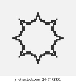 black and white simple flat 1bit vector pixel art icon of retro cartoon sun. sunlight sign
