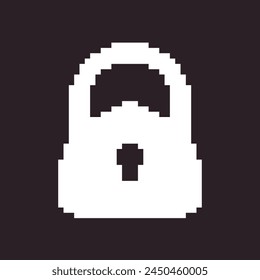 black and white simple flat 1bit vector pixel art icon of retro vintage locked padlock. privacy and access safety