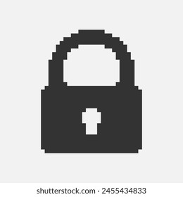 black and white simple flat 1bit vector pixel art icon of retro vintage locked padlock. privacy and access safety