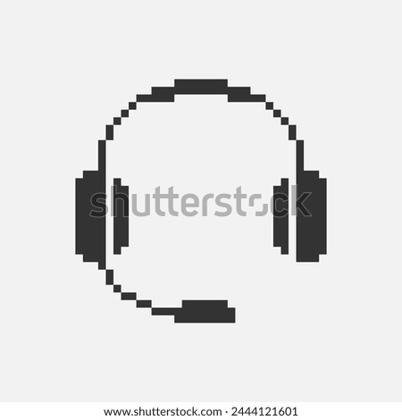 black and white simple flat 1bit vector pixel art icon of headphones with microphone