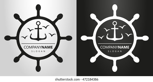 Black and white simple flat anchor logo with seagulls in a frame