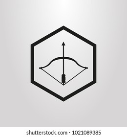 black and white simple flat art vector icon of a bow and arrow in a hexagon frame