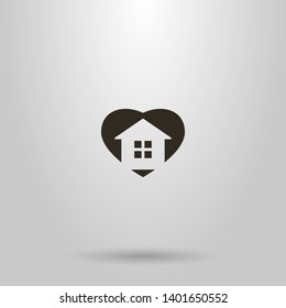 black and white simple flat art vector heart-shaped negative space sign of a private house