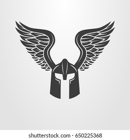 Black and white simple flat art vector winged helmet symbol