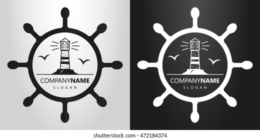 black and white simple flat lighthouse logo with silhouettes of seagulls in a frame