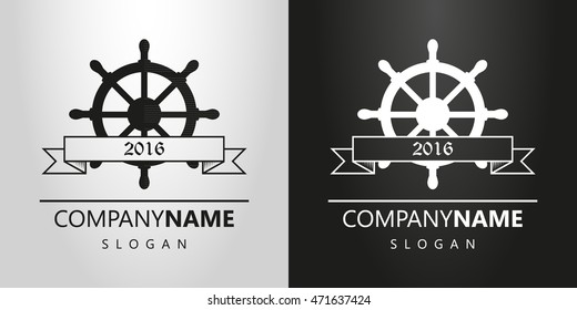 black and white simple flat logo with a steering wheel and ribbon