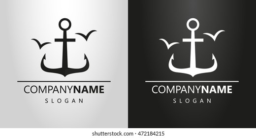 black and white simple flat logo with the anchor and seagulls silhouettes