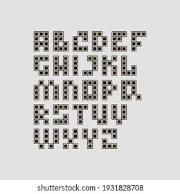black and white simple flat pixel art illustration of alphabet made of letters in the style of Tetris