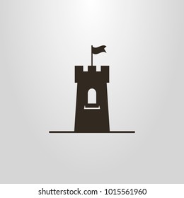 Black And White Simple Flat Vector Symbol Of Castle Tower With A Flag