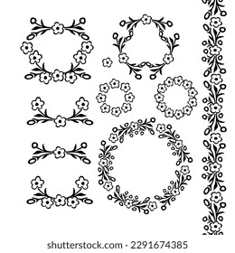 Black and white simple floiral frame. Vector set