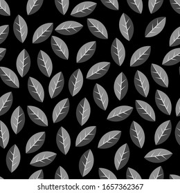 Hojas geométricas simples, negras y blancas, esparcidas caóticamente, textura natural de primavera, patrón transparente, fondo vectorial