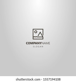 black and white simple geometric vector line art logo of mountain, water and sun in a square frame