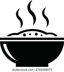 Ícone gráfico simples preto e branco que representa uma tigela cheia de arroz quente ou grãos fumegantes, perfeito para menus de comida, aplicativos de culinária ou conceitos culinários.