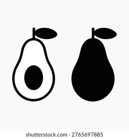 Black and white simple graphic icons of a whole pear and a halved avocado with a leaf fruit