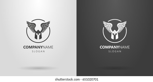 Black and white simple helmet with wings logo in a round frame