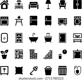 Iconos simples de los muebles interiores del hogar en blanco y negro