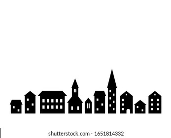 Black and white simple houses and buildings silhoettes, small town street, vector template illustration background