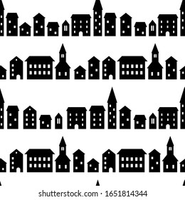 Black and white simple houses and buildings silhouettes, small town streets seamless pattern, vector background