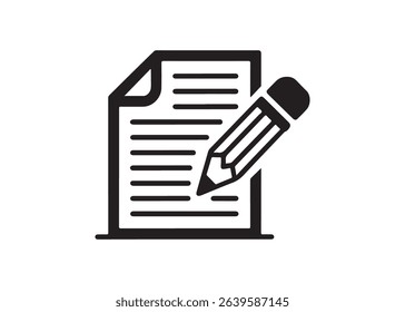 A black and white, simple icon depicting a document with horizontal lines, suggestive of text, and a pencil positioned over the document, indicating the act of writing or editing.