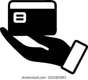 A black and white simple icon of a hand holding a credit card for payments