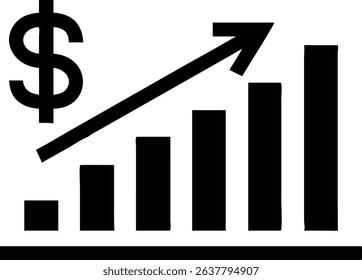 Black and white simple illustration depicts a dollar sign near a chart with ascending bars and a rising arrow, symbolizing revenue growth and financial success.