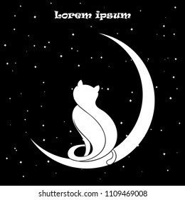 Black and white simple illustration of a lonely cat sitting on the Moon. Vector eps10.  