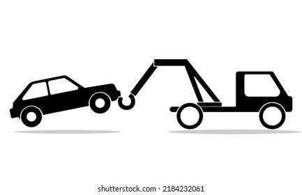 Black and white simple illustration of tow truck pull a broken car to repair in the garage