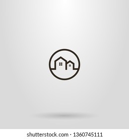 black and white simple line art sign of two private houses in a round frame