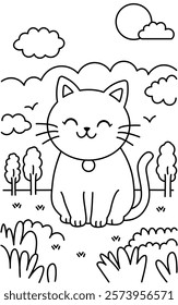 Black and white simple line art illustration of a cute cat sitting and smiling, perfect for kids coloring books.