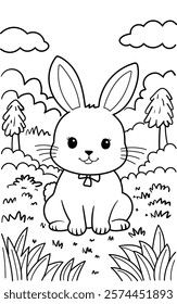 Black and white simple line art illustration of a cute rabbit sitting and smiling, perfect for kids coloring books.