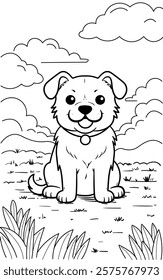 Black and white simple line art illustration of a cute Dog sitting and smiling, perfect for kids coloring books. 