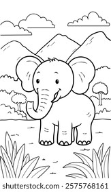 Black and white simple line art illustration of a cute Elephant smiling, perfect for kids coloring books.