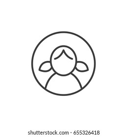 Black and white simple line art user girl icon in a round frame