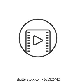 Black and white simple line art video player icon in a round frame