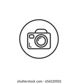 Black and white simple line art camera icon in the round frame