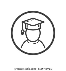 Black and white simple line art vector icon of a graduate student in a round frame