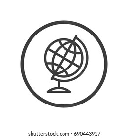 Black and white simple line art vector globe icon in a round frame
