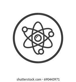 Black and white simple line art vector icon of atom in a round frame
