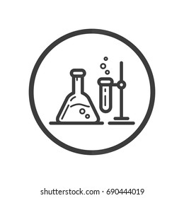 Black and white simple line art vector icon of chemical laboratory in a round frame