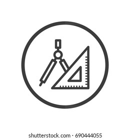 Black and white simple line art vector icon of ruler and compass in a round frame