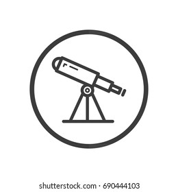 Black and white simple line art vector telescope icon in a round frame