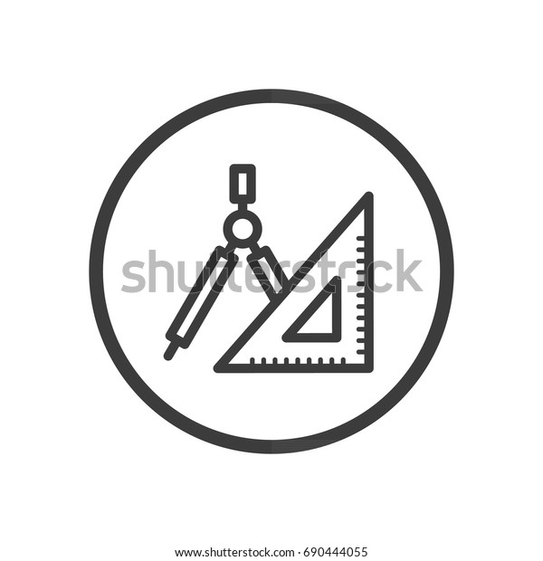Black and white simple line art vector icon\
of ruler and compass in a round\
frame
