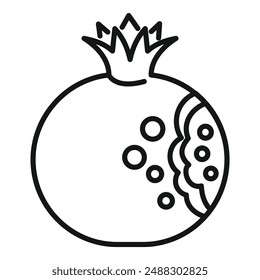 Black and white simple line drawing of a cartoon pomegranate, suitable for coloring and educational materials