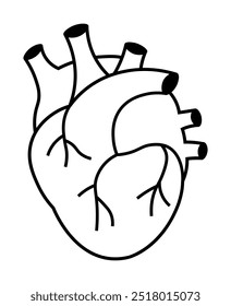 Un dibujo de línea simple en blanco y negro de un corazón humano. Ideal para temas médicos, educativos, científicos, anatomía y biología. Estilo minimalista y esquemático.