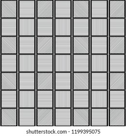 Black and white simple linear seamless symmetrical vector pattern with thick and thin horizontal, vertical and diagonal lines