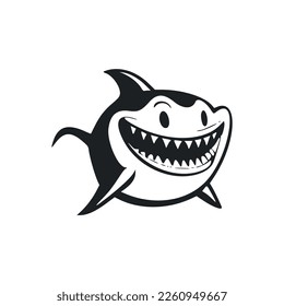 Black and white Simple logo with an adorable Cheerful shark.