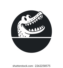 Black and white Simple logo with an adorable Cheerful crocodile.