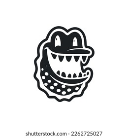 Black and white Simple logo with an adorable Cheerful crocodile.