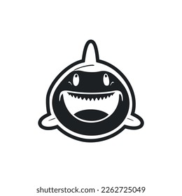 Black and white Simple logo with an adorable Cheerful shark.