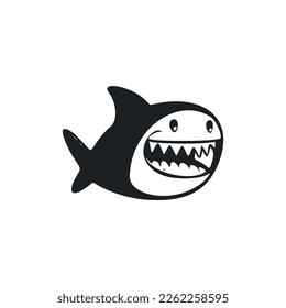 Black and white Simple logo with a charming cheerful shark.